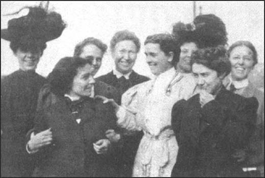 Leaders of the Women's Trade Union in 1907. Shown from left to right are Hannah Hennessy, Ida Rauh, Mary Dreir, Mary Kenney O'Sullivan, Margaret Robins, Margie Jones, Agnes Nestor and Helen Marot.